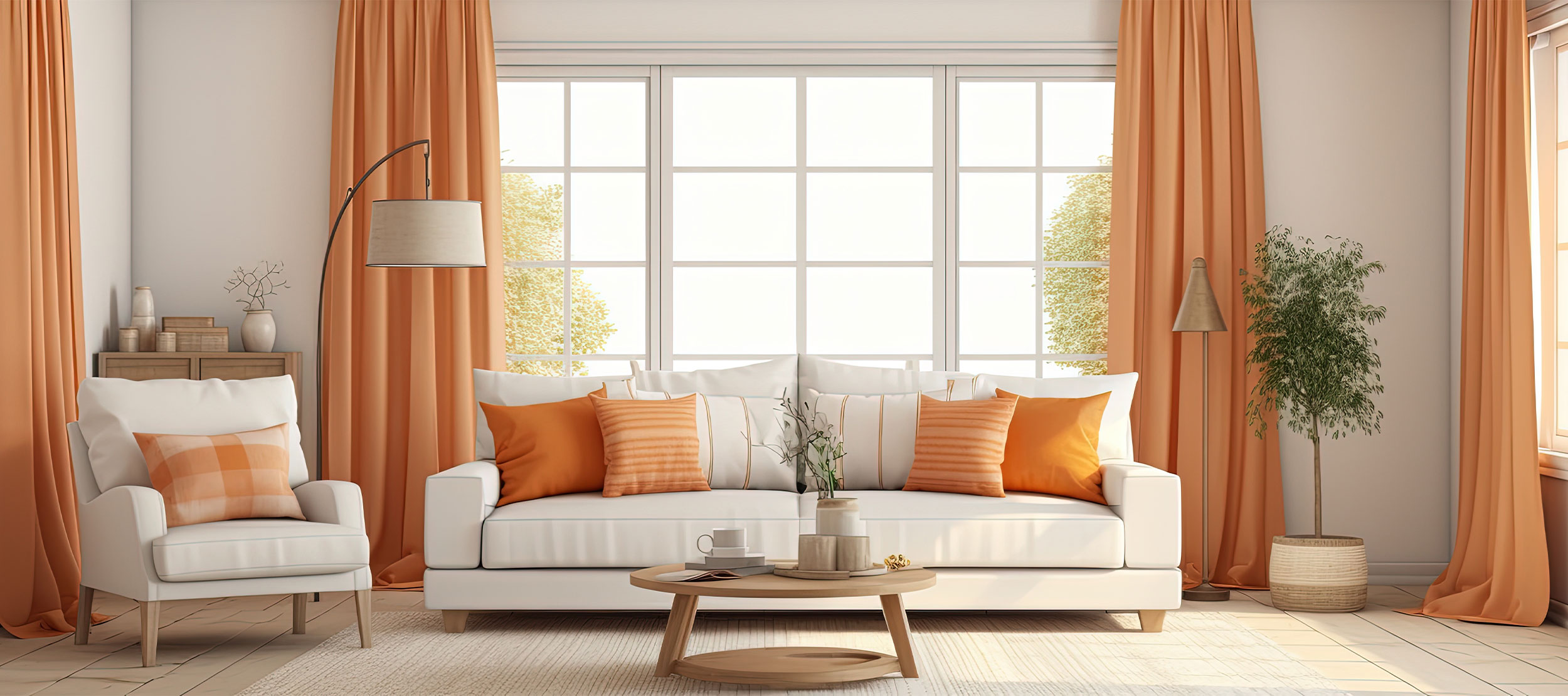 Wohnzimmer mit Kissen in warmen Tönen